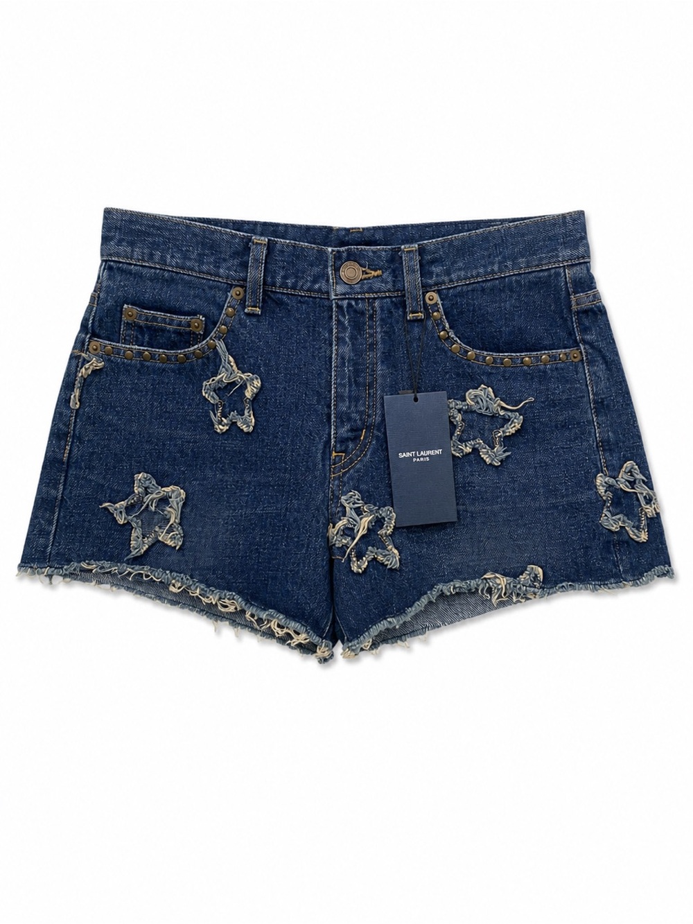 🚩steal Saint Laurent Indigo Distressed Floral Appliqué Denim Shorts